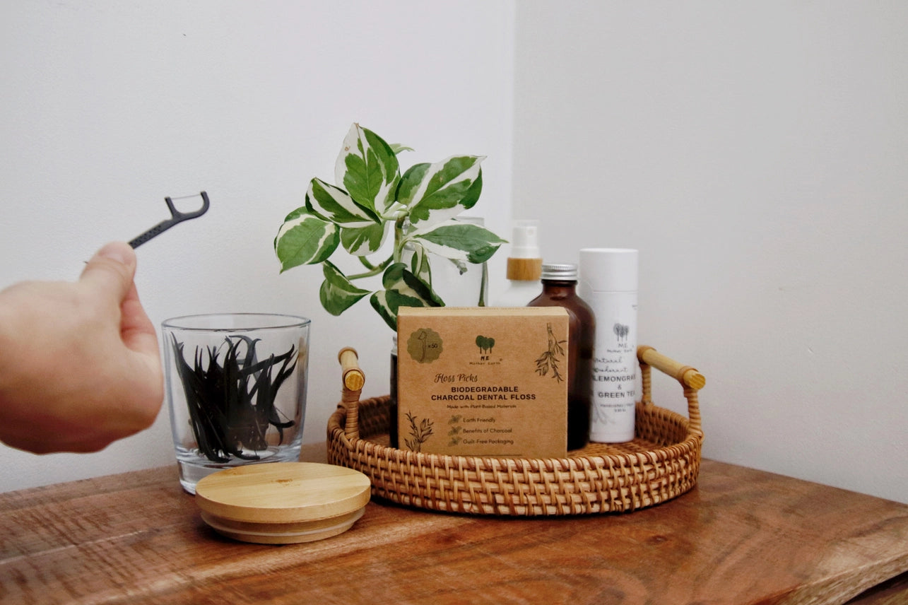 Mother Earth Biodegradable Charcoal Dental Floss Picks (Box of 50 picks)