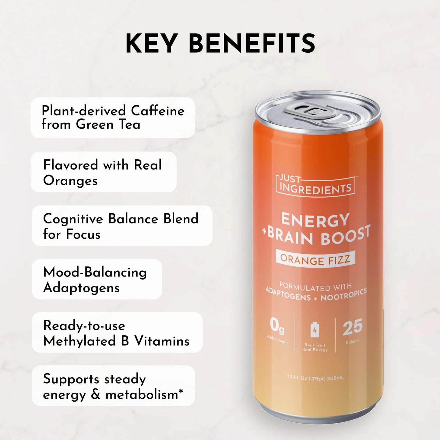 Just Ingredients Orange Fizz Energy + Brain Boost 12 oz. Can (12 - pack) - Wholistic Nutrition - Beverage - Just Ingredients