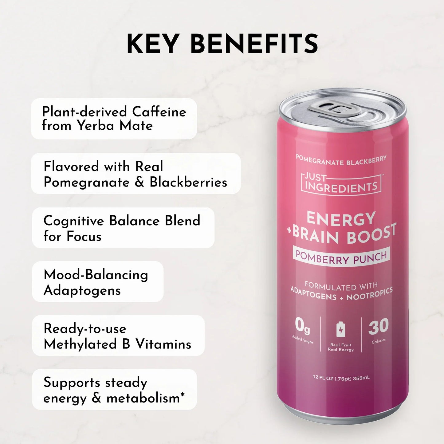Just Ingredients Pomberry Punch Energy + Brain Boost 12 oz. Can (Individual Can) - Wholistic Nutrition - Beverage - Just Ingredients