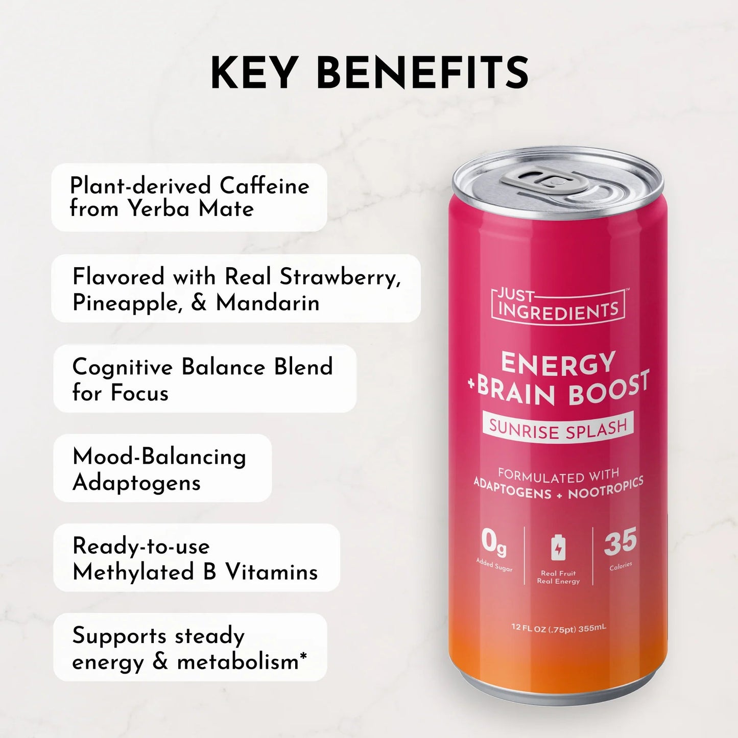 Just Ingredients Sunrise Splash Energy + Brain Boost 12 oz. Can (12 - pack) - Wholistic Nutrition - Beverage - Just Ingredients