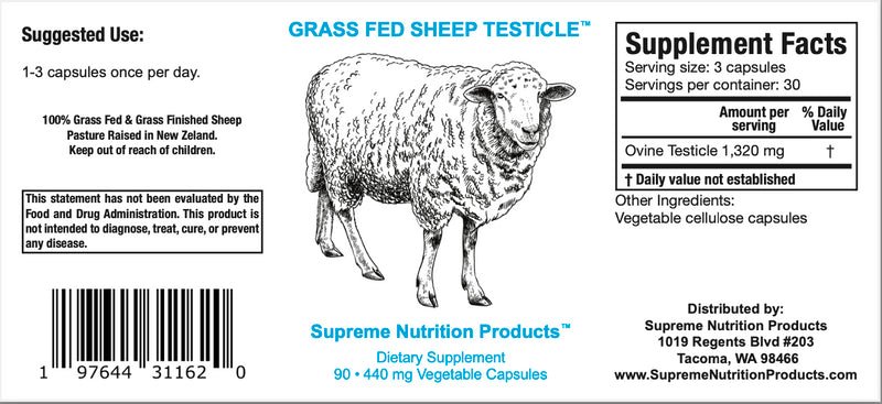Supreme Nutrition Grass Fed Sheep Testicle - 90 caps - Wholistic Nutrition - Wellness Supplements - Supreme Nutrition