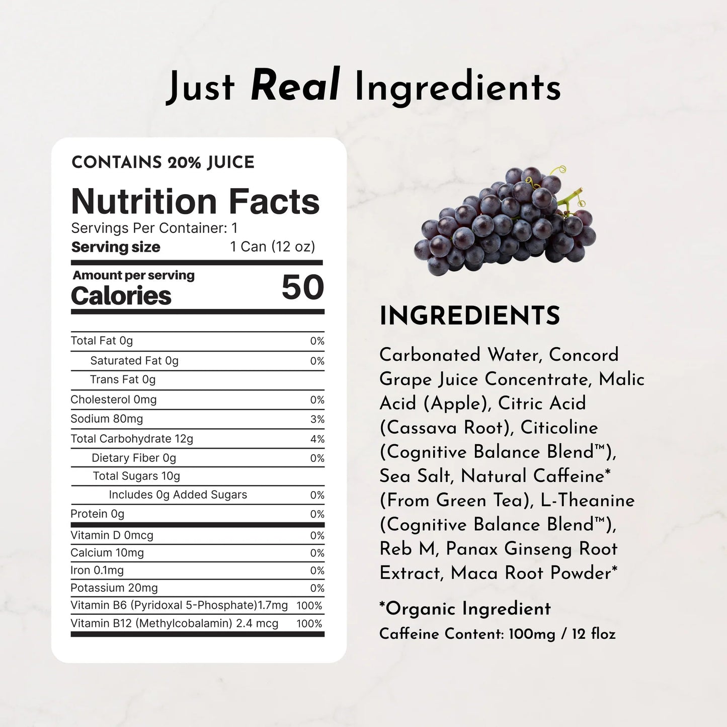 Just Ingredients Grape Soda Energy + Brain Boost 12 oz. Can (Individual Can) - Wholistic Nutrition - Beverage - Just Ingredients