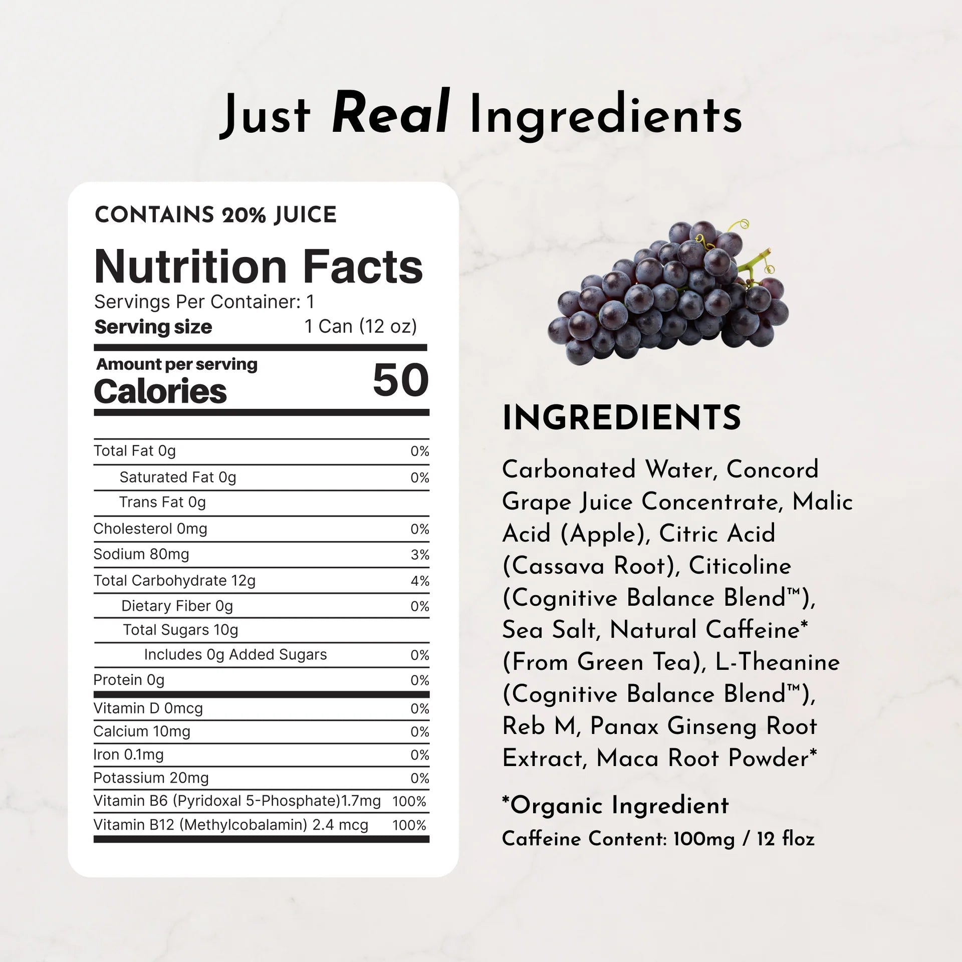 Just Ingredients Grape Soda Energy + Brain Boost 12 oz. Can (Individual Can) - Wholistic Nutrition - Beverage - Just Ingredients