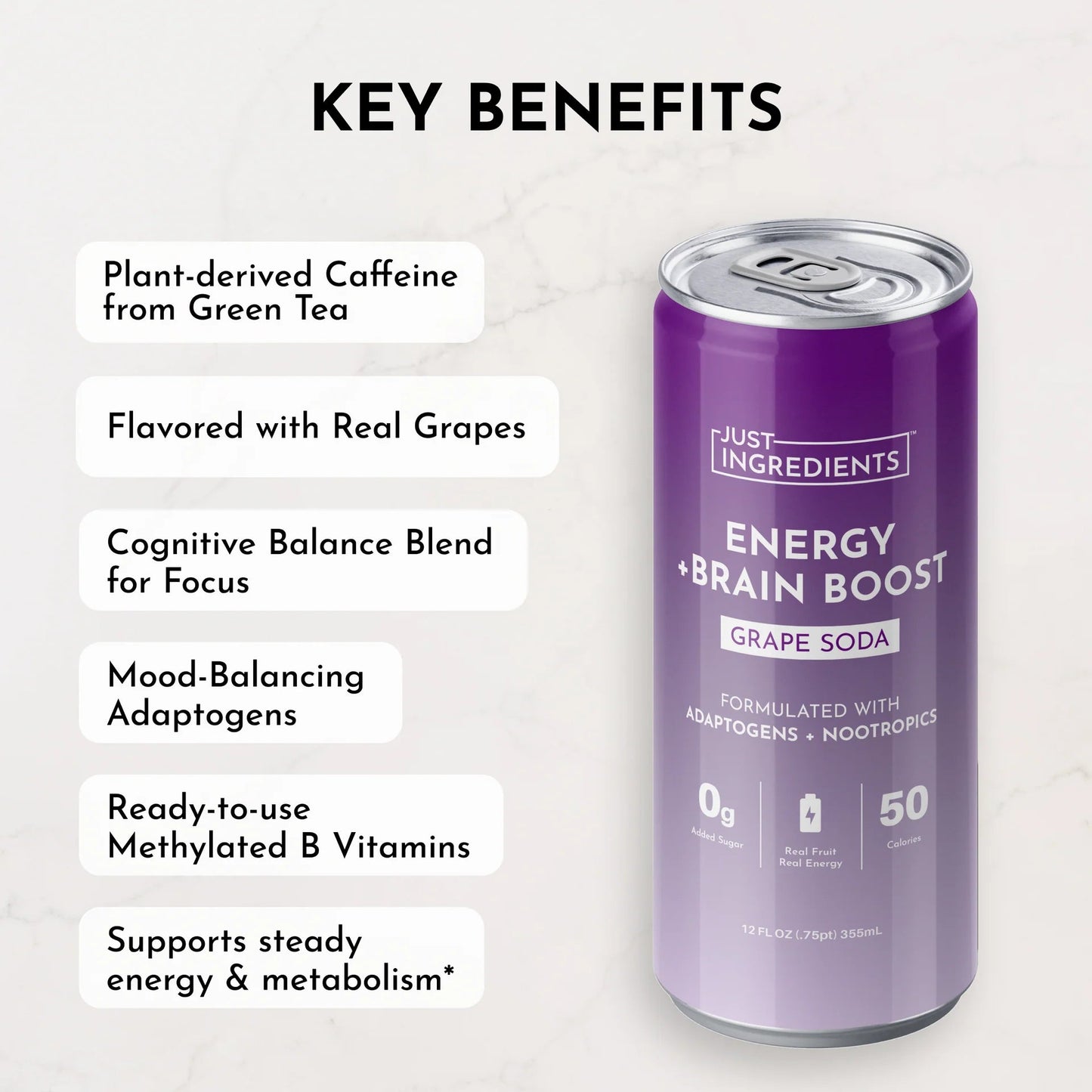 Just Ingredients Grape Soda Energy + Brain Boost 12 oz. Can (Individual Can) - Wholistic Nutrition - Beverage - Just Ingredients