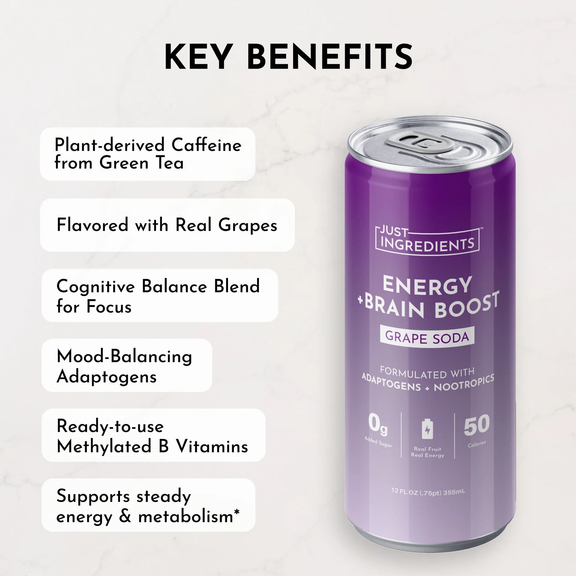 Just Ingredients Grape Soda Energy + Brain Boost 12 oz. Can (Individual Can) - Wholistic Nutrition - Beverage - Just Ingredients