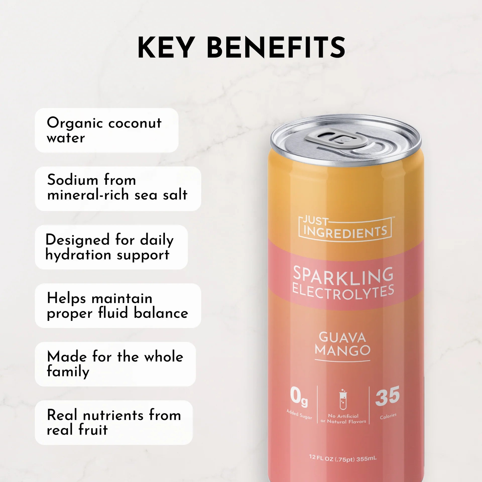 Just Ingredients Guava Mango Sparkling Electrolytes 12 oz Can. (12 - PACK) - Wholistic Nutrition - Minerals & Hydration - Just Ingredients