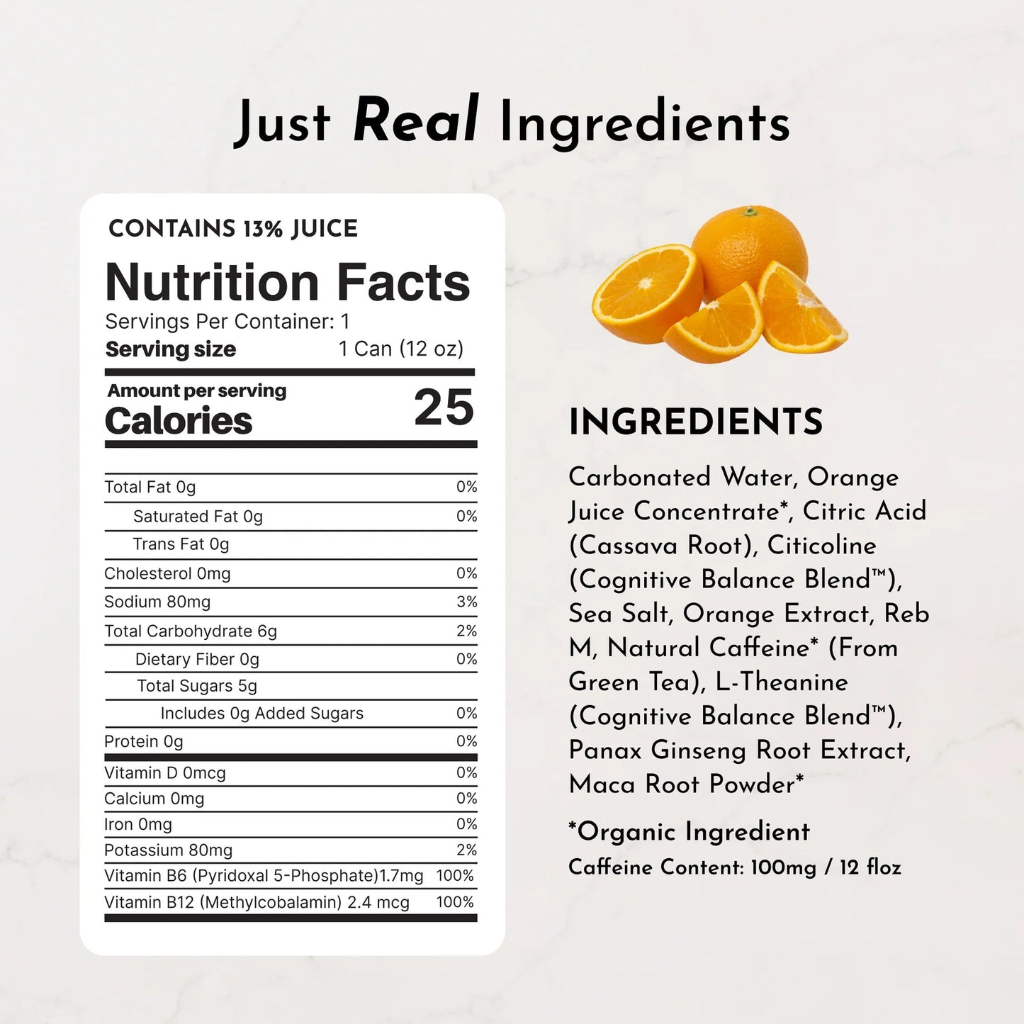 Just Ingredients Orange Fizz Energy + Brain Boost 12 oz. Can (12 - pack) - Wholistic Nutrition - Beverage - Just Ingredients