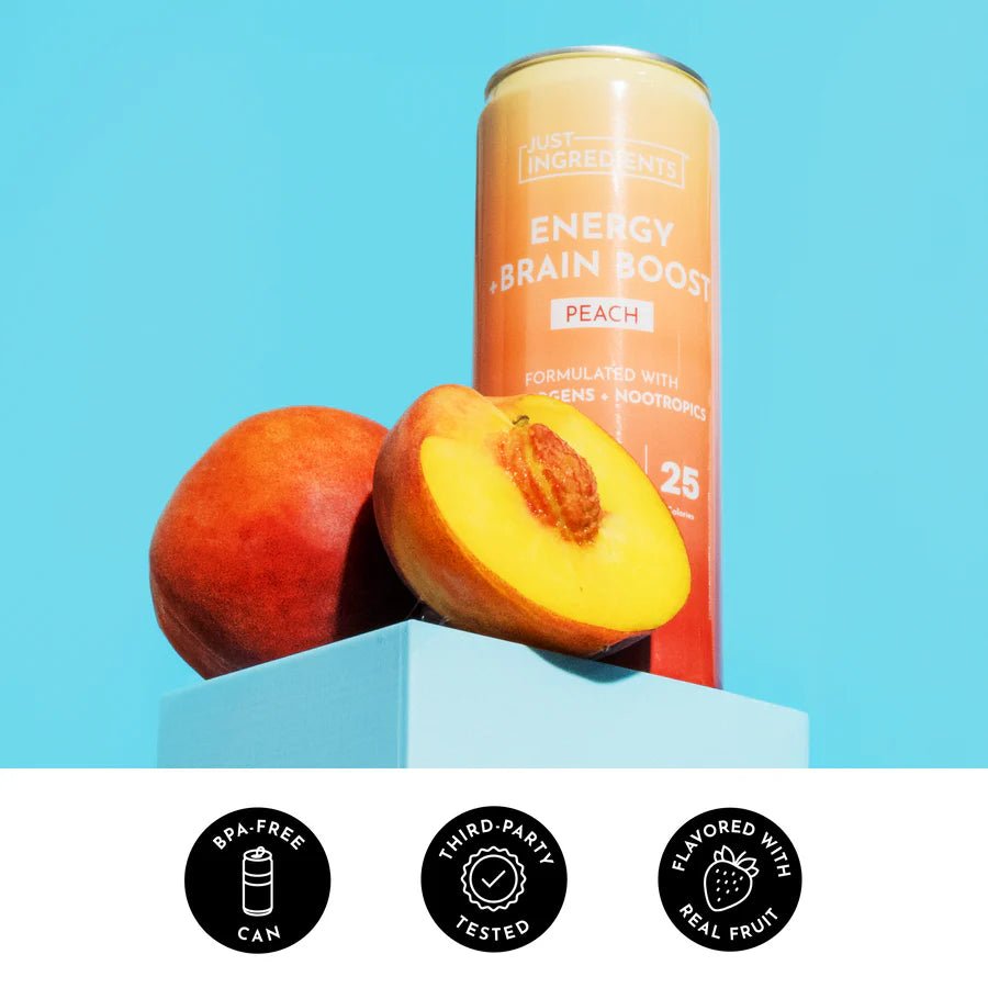 Just Ingredients Peach Energy + Brain Boost 12 oz. Can (12-pack) - Wholistic Nutrition-Beverage-Just Ingredients