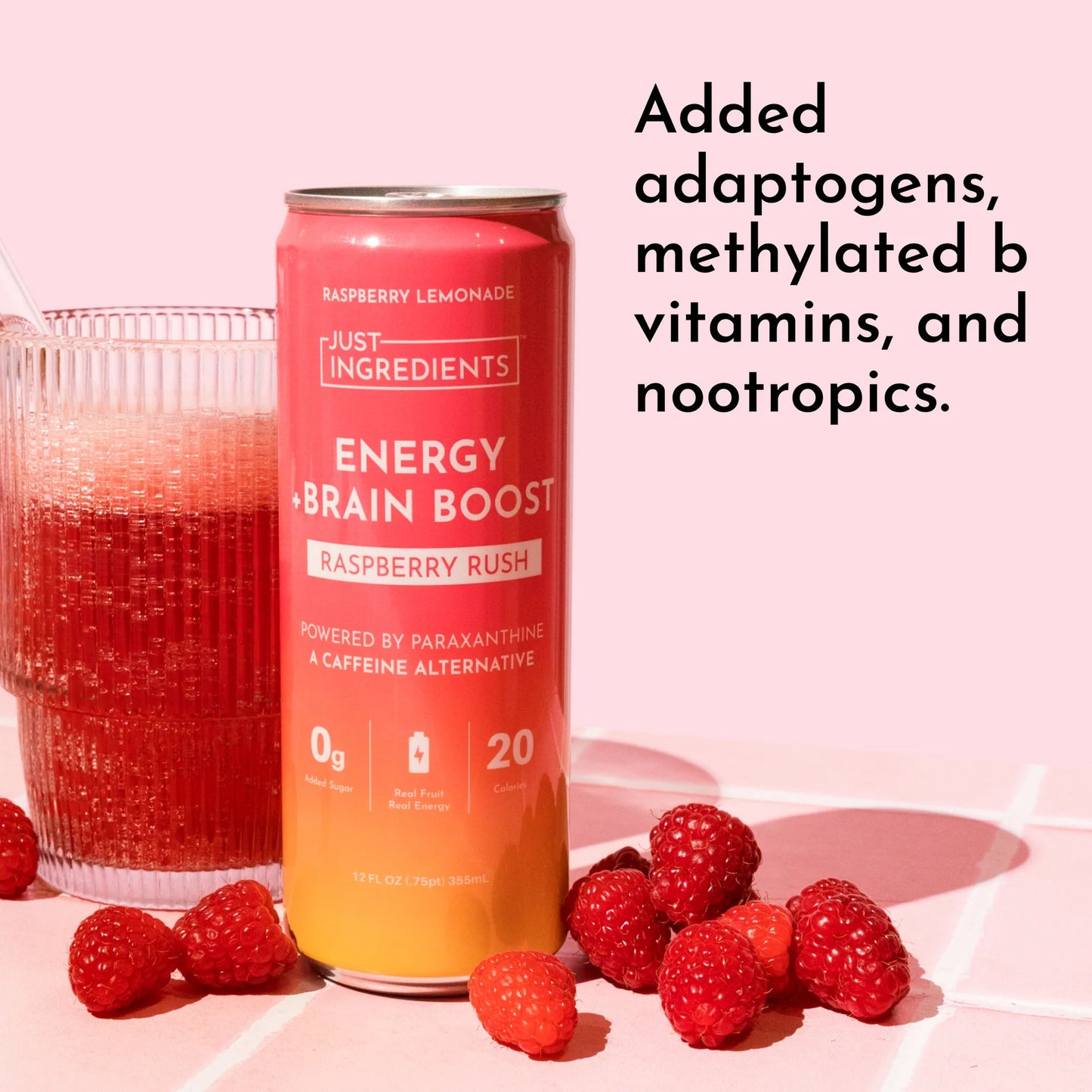 Just Ingredients Raspberry Rush Energy + Brain Boost 12 oz. Can (12 - PACK) - Wholistic Nutrition - Beverage - Just Ingredients