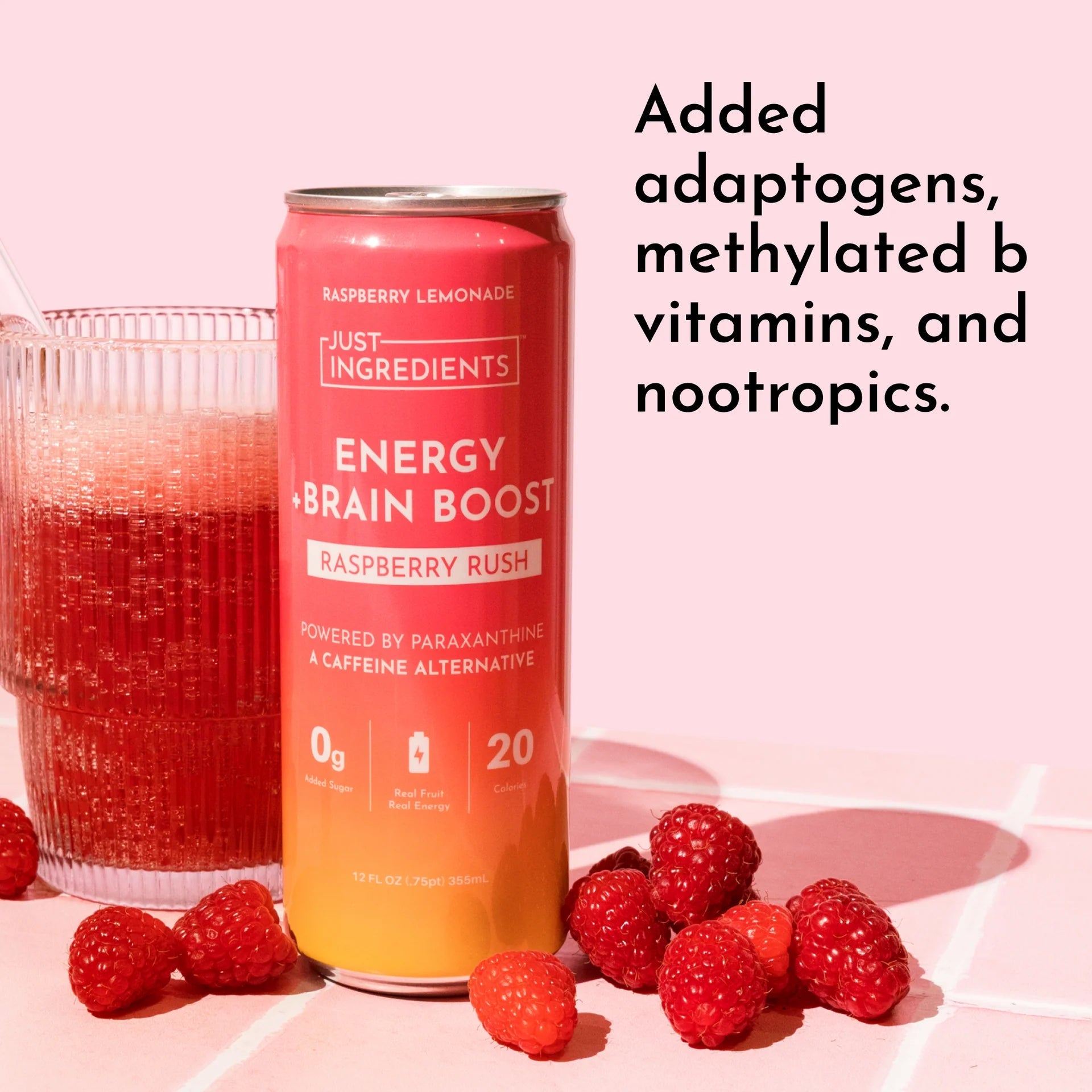 Just Ingredients Raspberry Rush Energy + Brain Boost 12 oz. Can (12 - PACK) - Wholistic Nutrition - Beverage - Just Ingredients