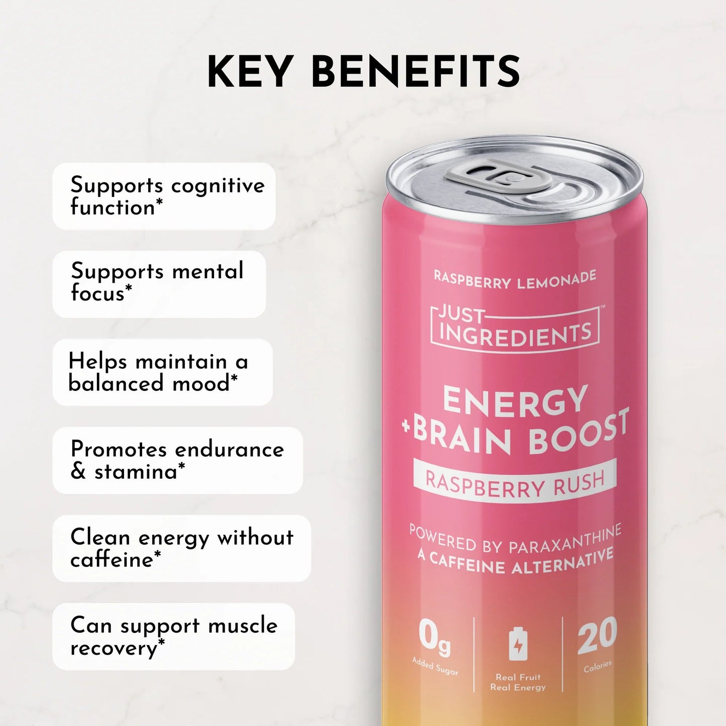 Just Ingredients Raspberry Rush Energy + Brain Boost 12 oz. Can (12 - PACK) - Wholistic Nutrition - Beverage - Just Ingredients