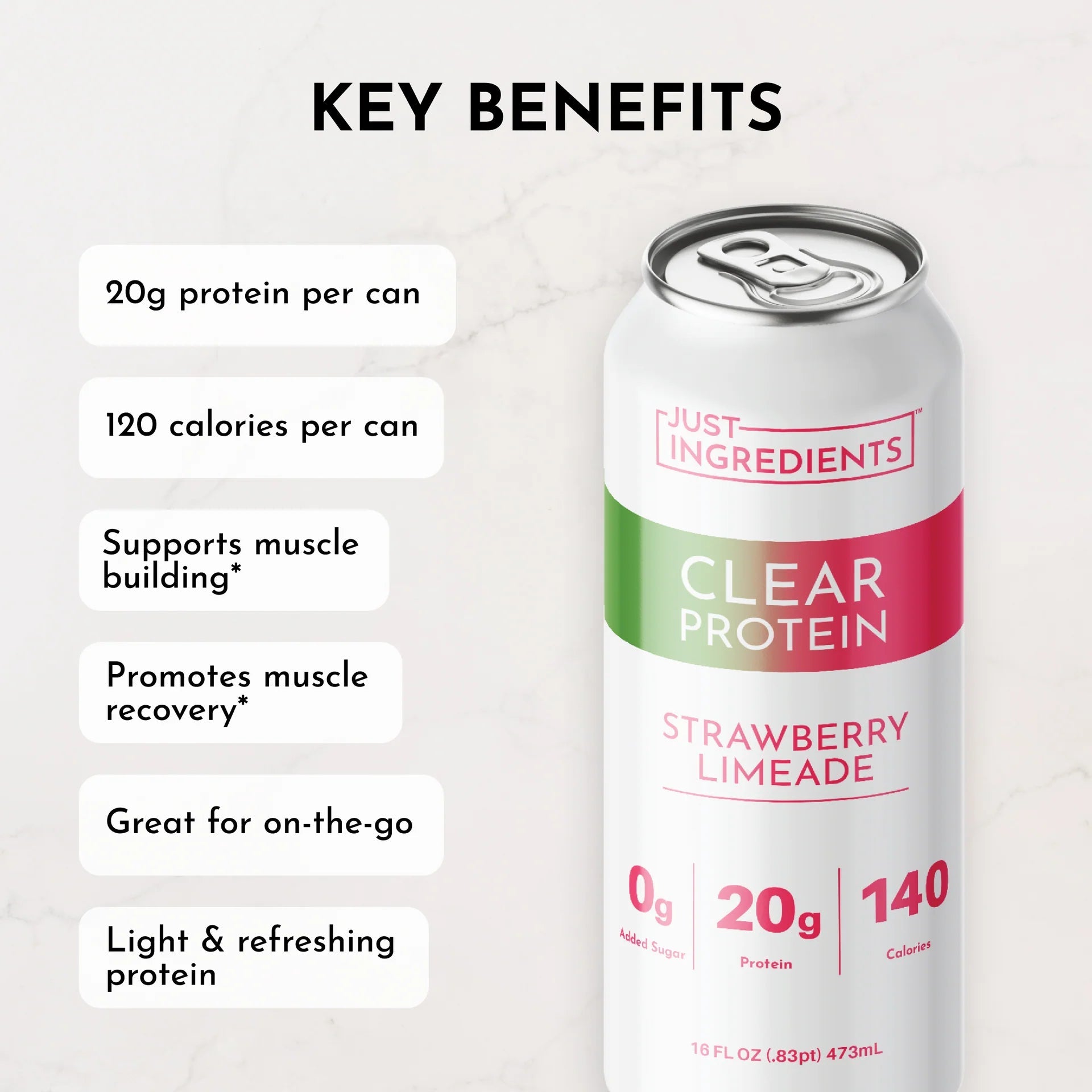 Just Ingredients Strawberry Limeade Clear Protein 16 oz. Can (Individual Can) - Wholistic Nutrition - Beverage - Just Ingredients