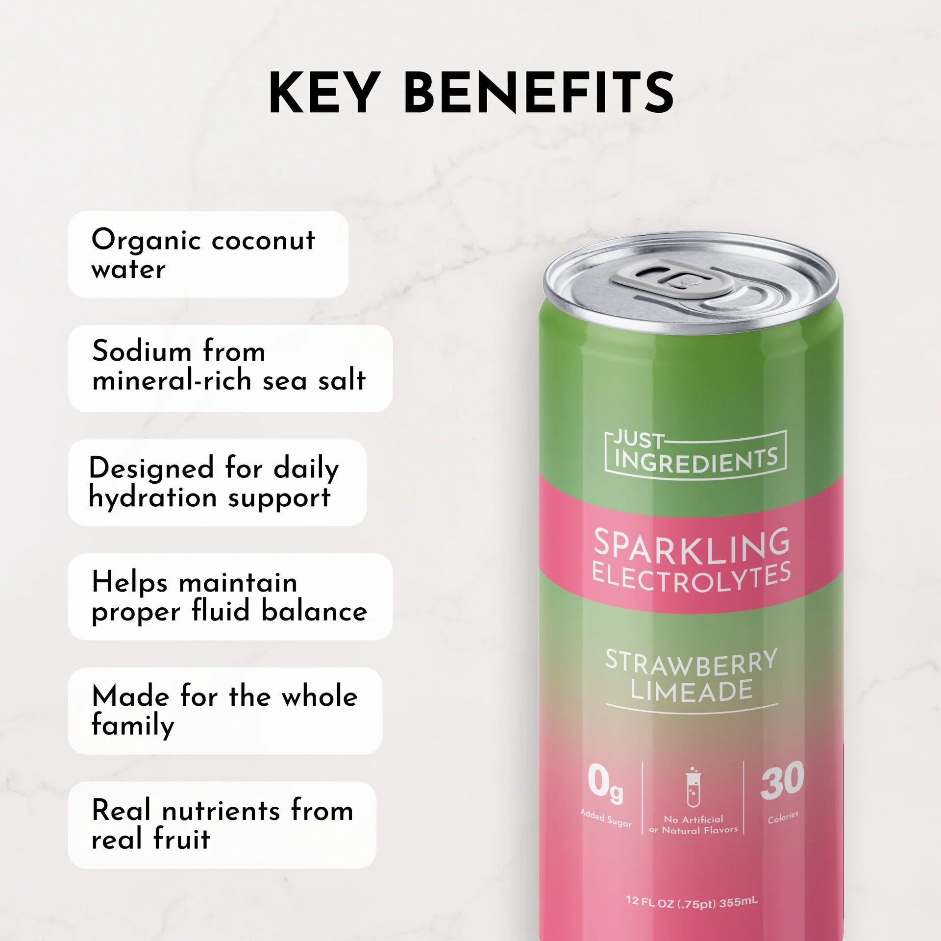 Just Ingredients Strawberry Limeade Sparkling Electrolytes 12 oz Can. (Individual Can) - Wholistic Nutrition - Minerals & Hydration - Just Ingredients