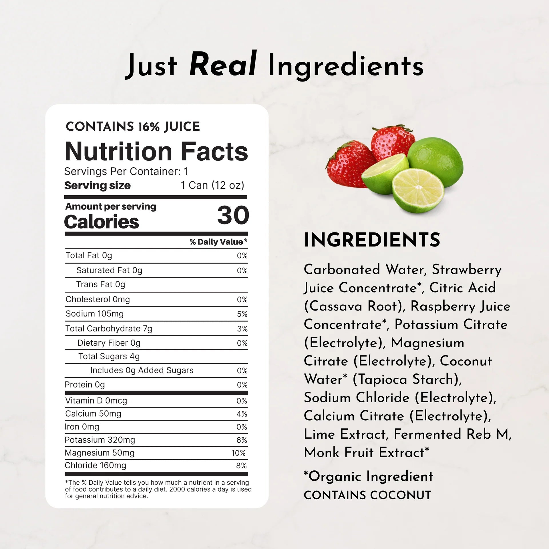 Just Ingredients Strawberry Limeade Sparkling Electrolytes 12 oz Can. (Individual Can) - Wholistic Nutrition - Minerals & Hydration - Just Ingredients