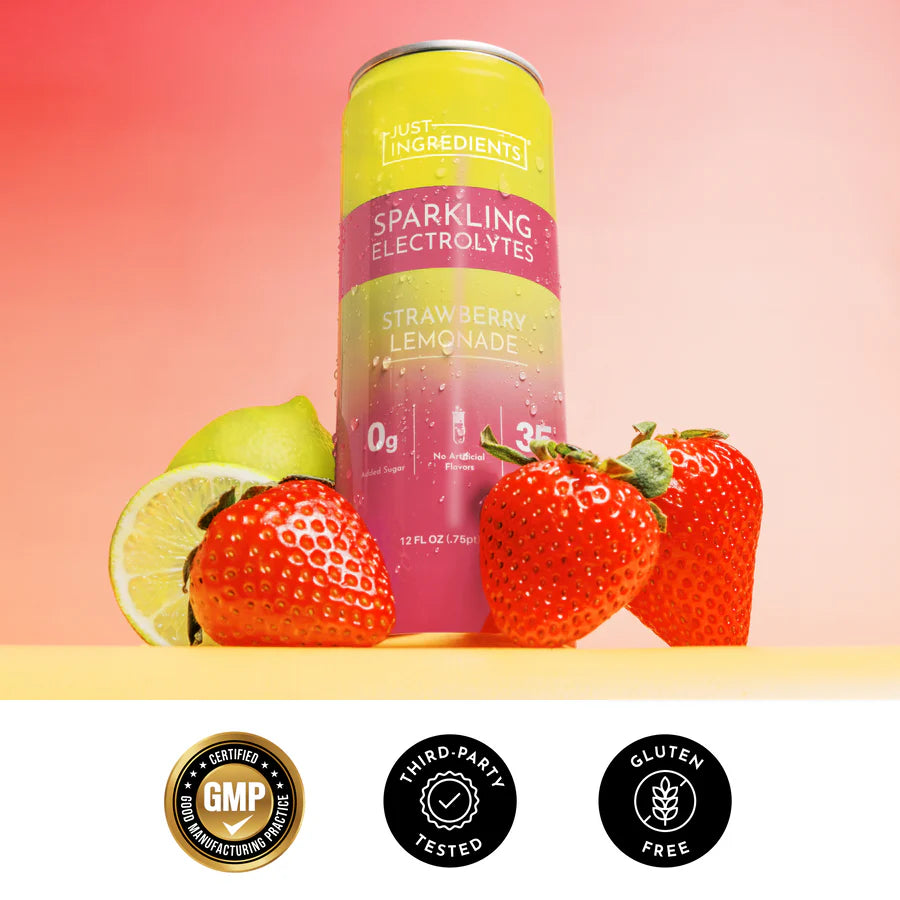 Just Ingredients Strawberry Lemonade Sparkling Electrolytes 12 oz Can. (Individual Can)