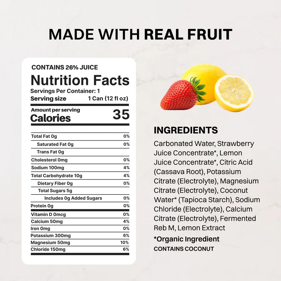 Just Ingredients Strawberry Lemonade Sparkling Electrolytes 12 oz Can. (Individual Can)